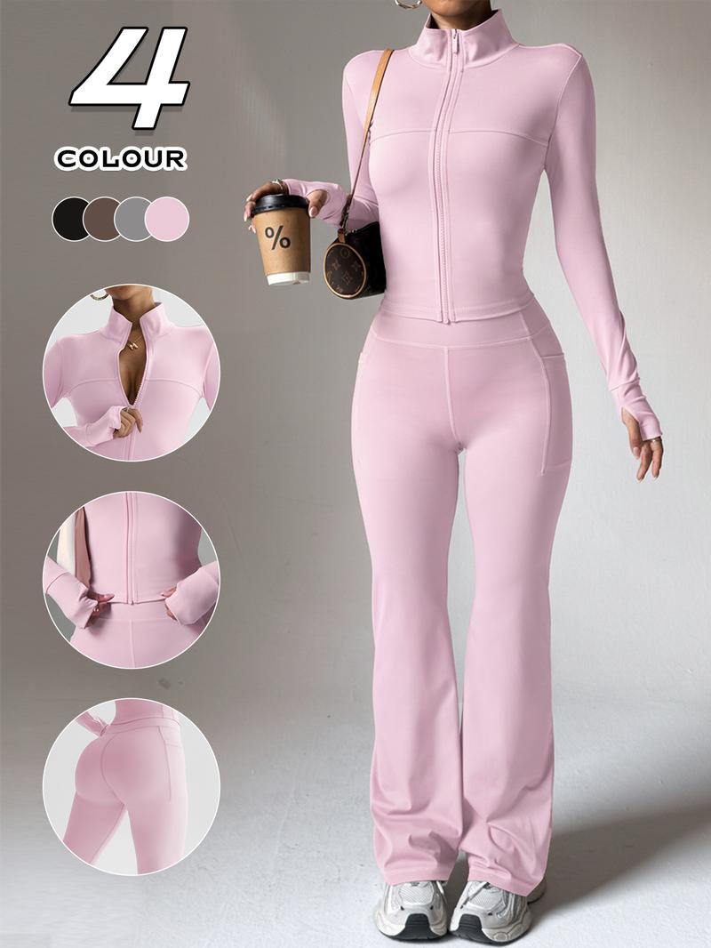 Women's High Stretch Quick-Dry Breathable Long Sleeve Top and Wide Leg Pants Set, Sporty Plain Design, All Seasons Wear