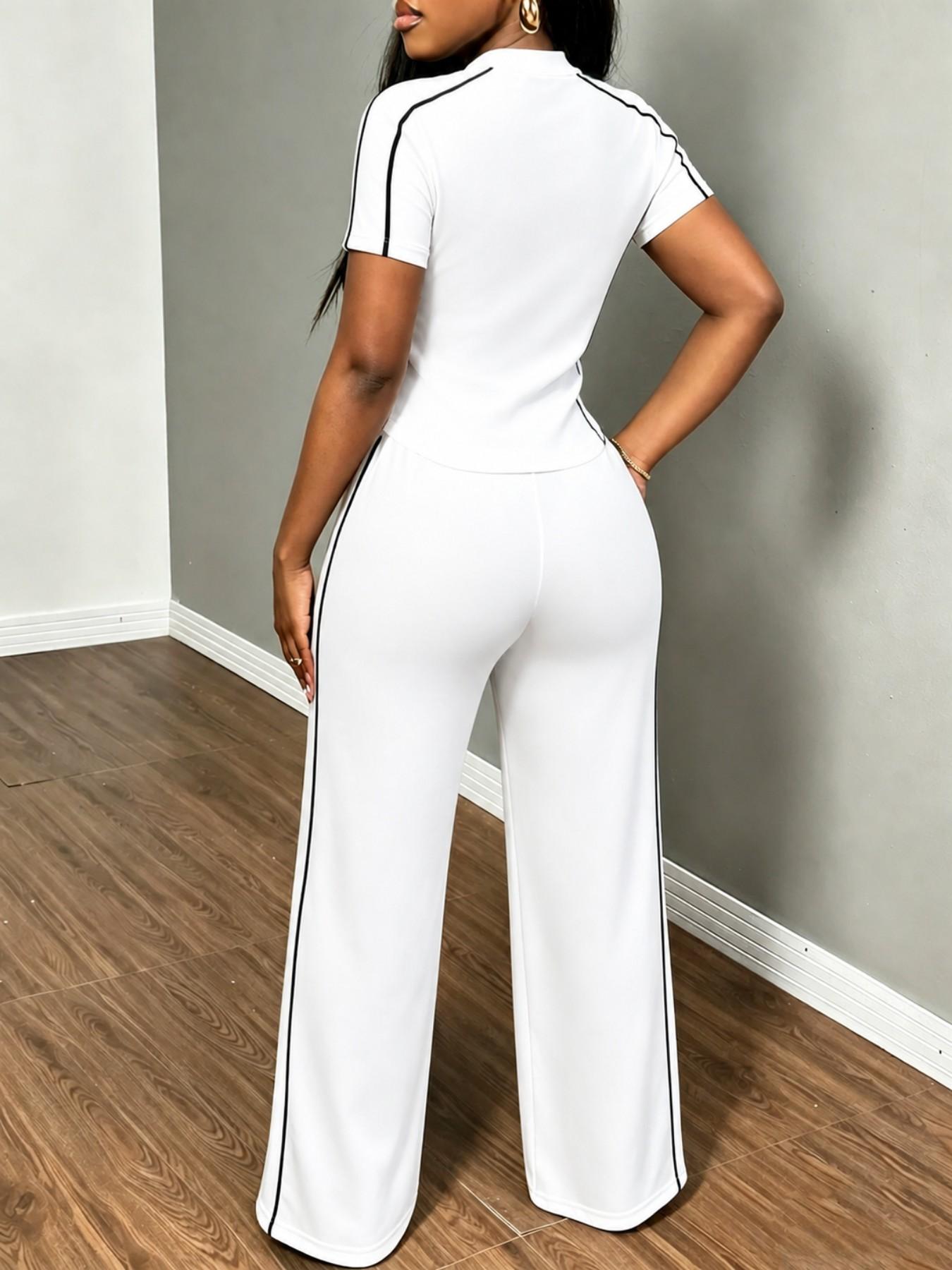 Women's Spring Summer Sporty Two-Piece Set, Fitted Round Neck T-Shirt & Wide Leg Pants, Casual Outdoor Wear, Multiple Colors Available, Sports Activewear Set