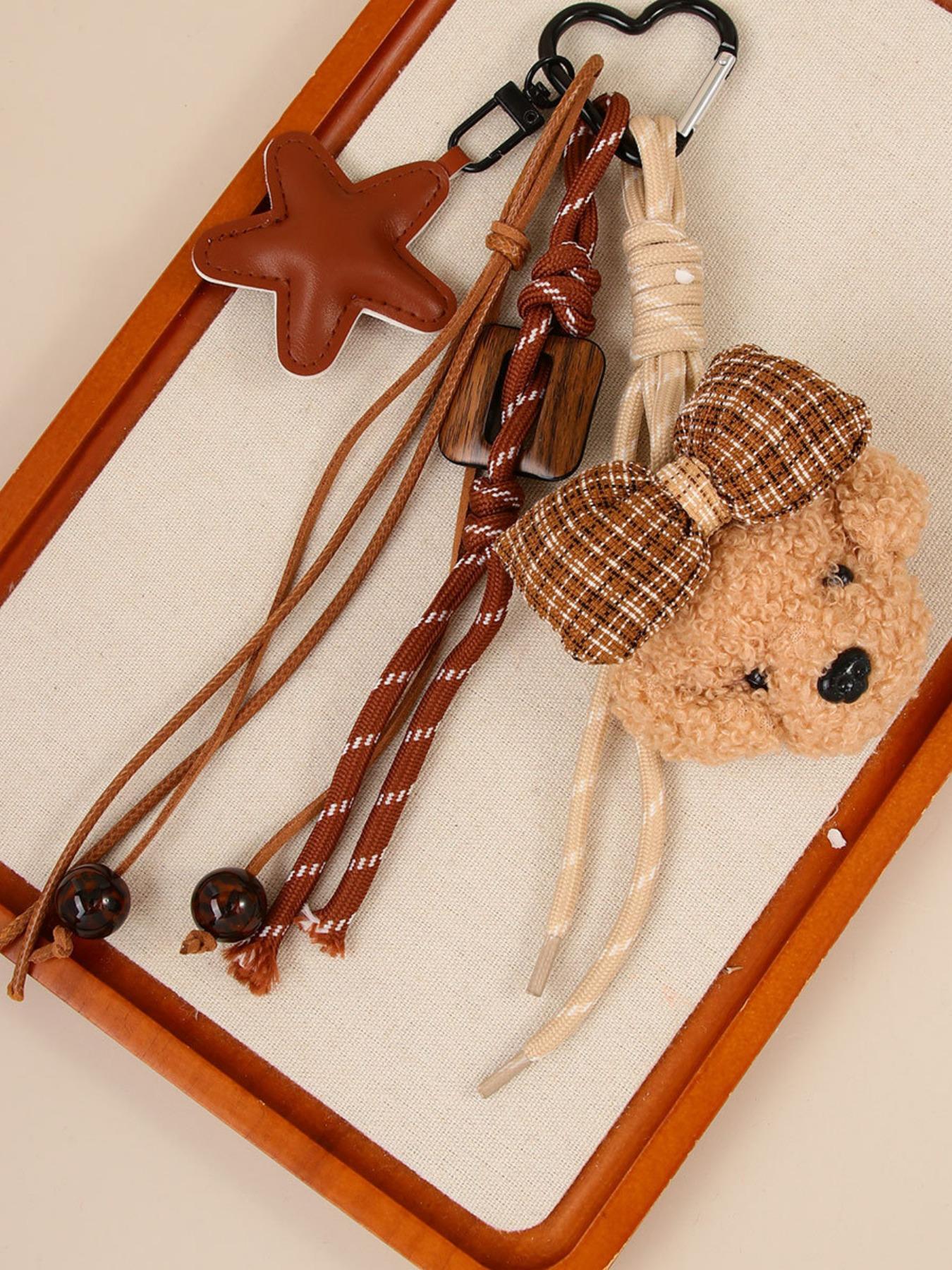 Cute Puppy Keyring Bow Dog Face Bag Purse Charm-Dog Keychain with Bow Tie, Keychain Kawaii, Dog Star Ornament,Beaded Accents Handmade Braided Rope Keyring,Cute Puppy Dog Pendant Charms Handbag Backpack Accessory for Pet Lovers Woman