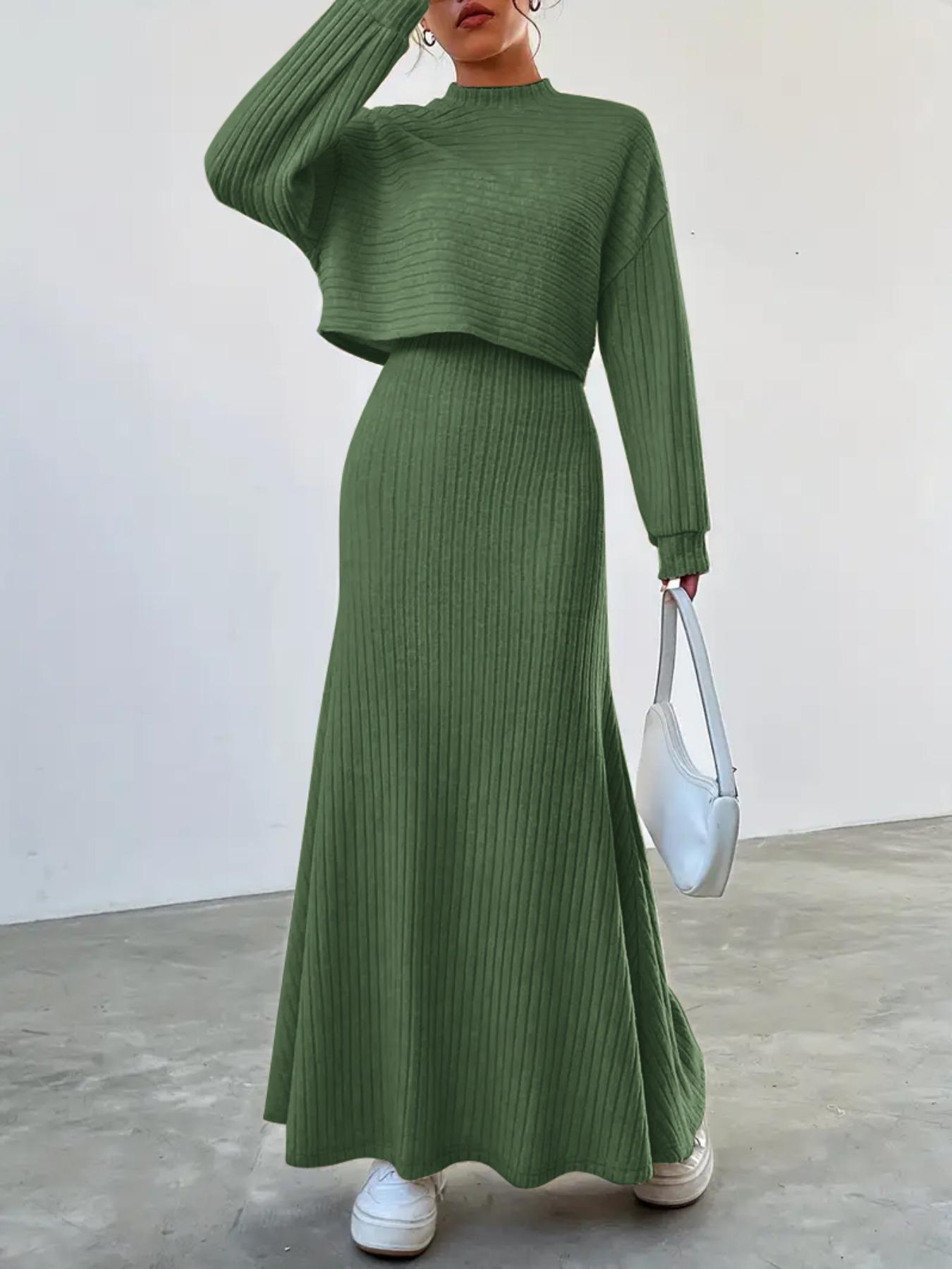 Women's Solid Color Long Sleeve Top & Long Dress Set, Casual Top, Lady Fall & Winter Clothes for Daily Wear