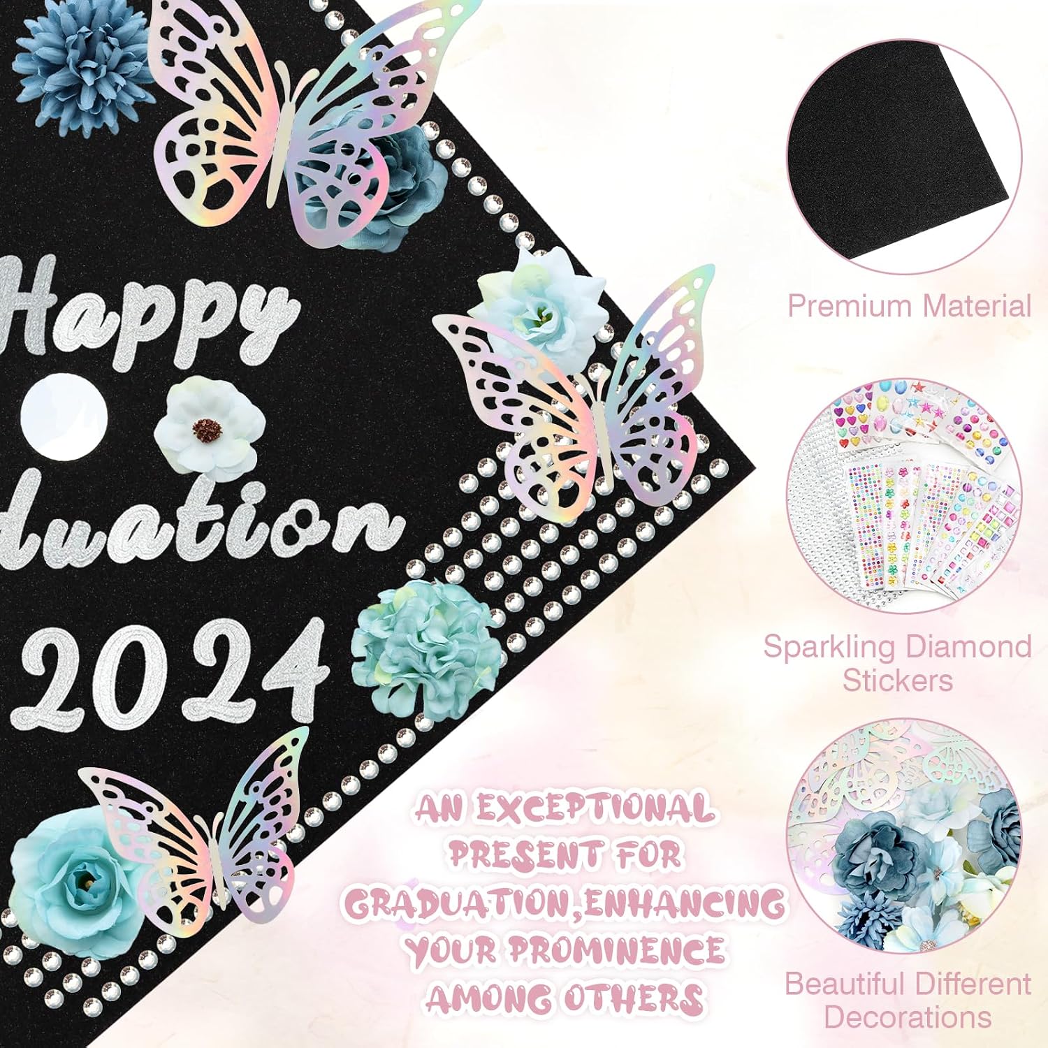 Unisex Modern DIY Craft Decoration Kit - Grad Cap Project Supplies with Glitter Paper, Butterflies, Rhinestones, Letter & Number Stickers for Hat Toppers