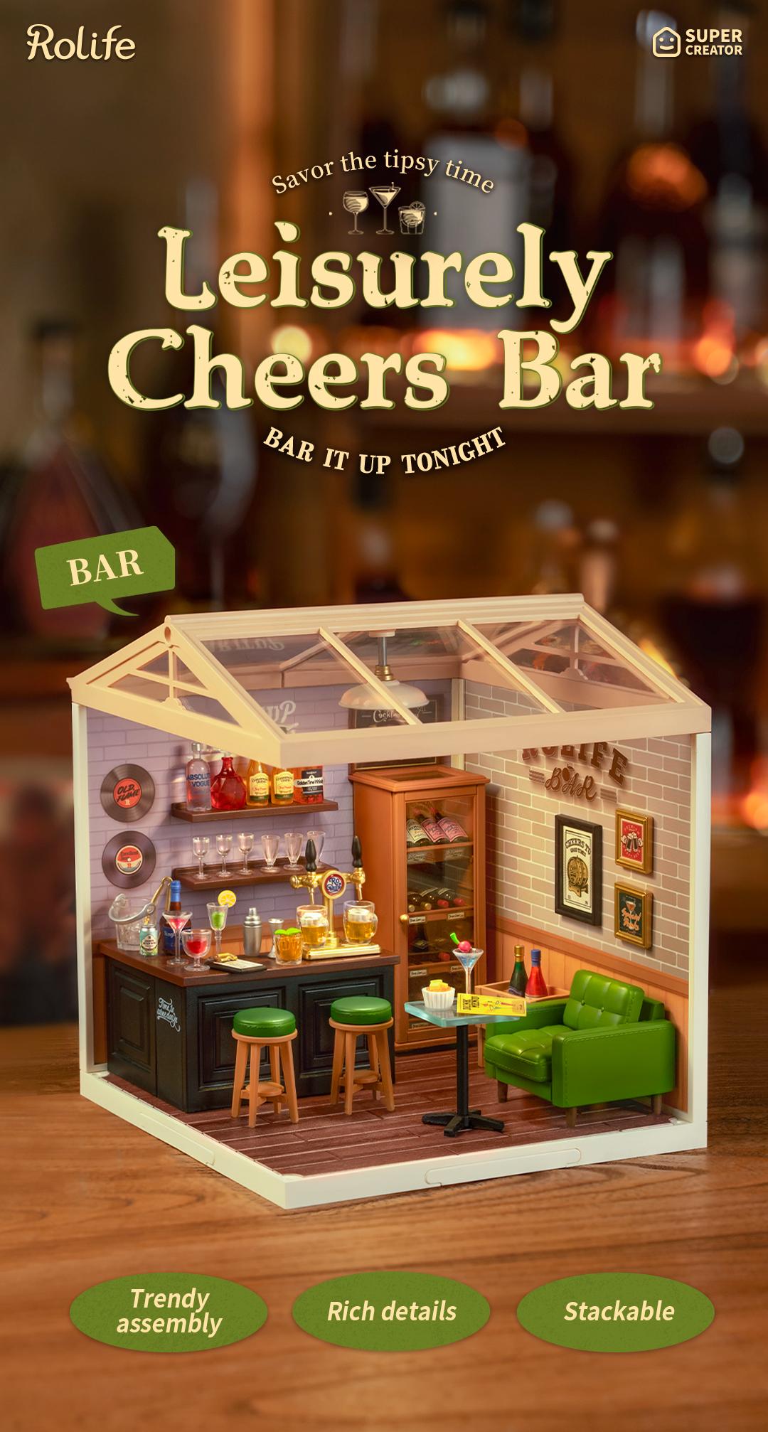 Rolife Leisurely Cheers Bar DIY Plastic Miniature House DW012 Miniature House Kit DIY Plastic House Building Toy Set with LED Tiny Store Making Kit Model Craft Hobby Unique Gift