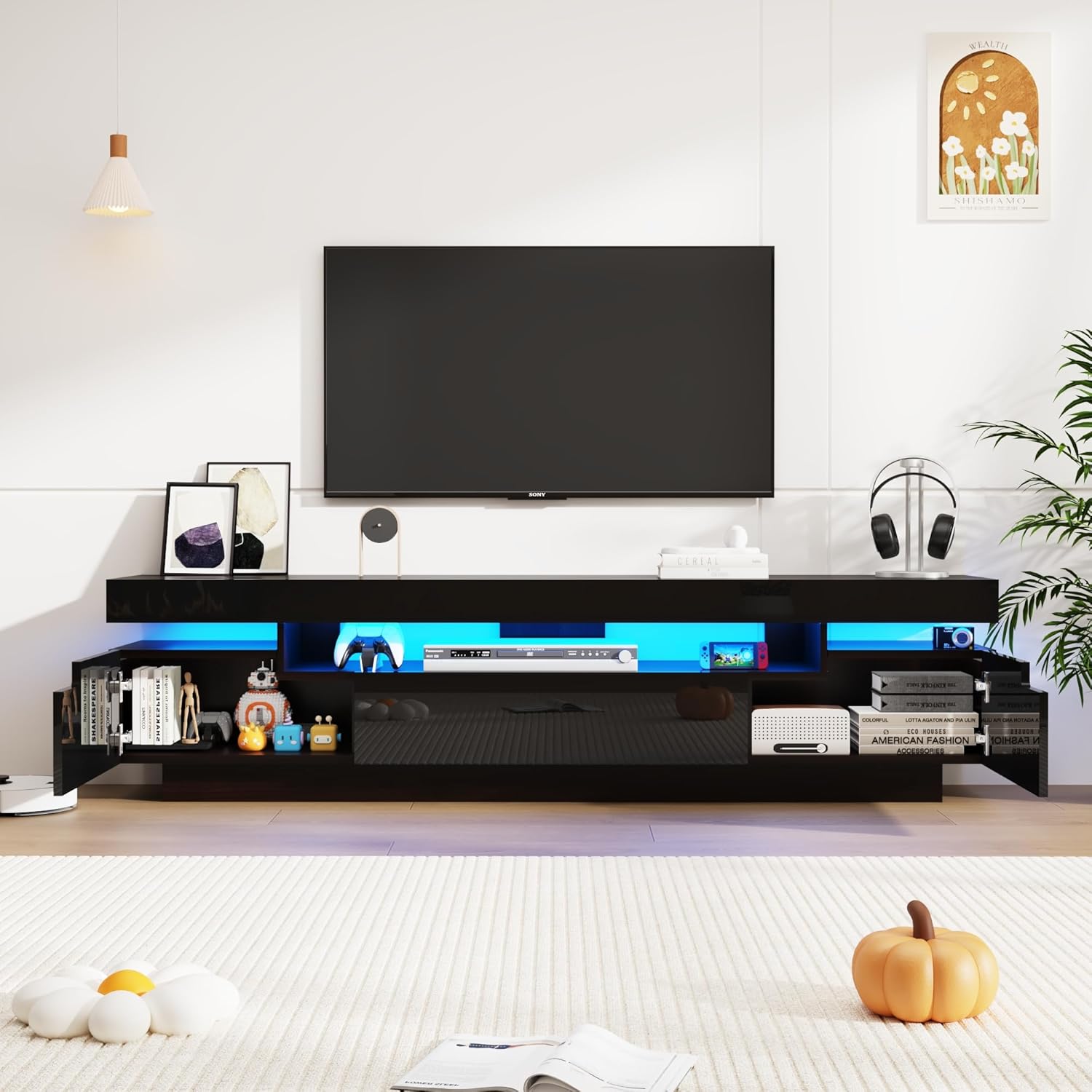 70IN White TV Stand for 75/80 inch TV,Modern LED TV Stand for Living Room,High Gloss Entertainment Center with Storage Drawer,APP RGB Light,TV Console,Television Stands (Marbling/Black)