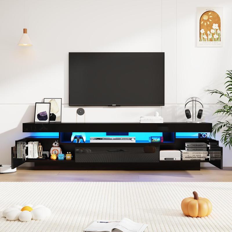 70IN White TV Stand for 75/80 inch TV,Modern LED TV Stand for Living Room,High Gloss Entertainment Center with Storage Drawer,APP RGB Light,TV Console,Television Stands (Marbling/Black)