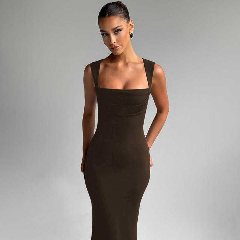 Women's Solid Color Square Neck Bodycon Tank Dress, Elegant Sleeveless Long Dress for Party Club Night Out Holiday Evening, Ladies Summer Clothes