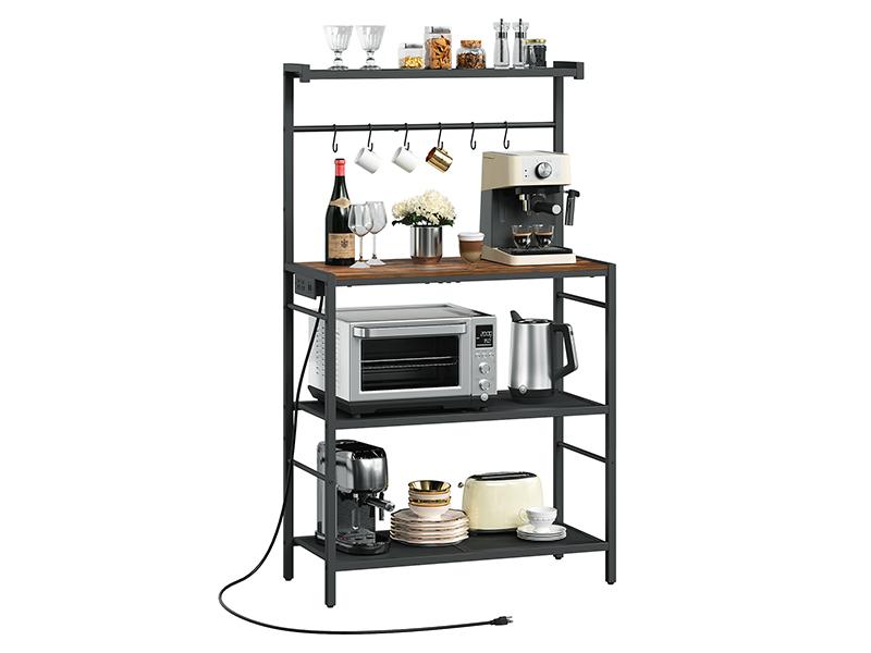 Rack with Power Outlet, Kitchen Storage Shelf with 6 Hooks, Microwave Stand with Storage, 4-Tier Coffee Bar Station, for Kitchen, Dining Room, Rustic Brown and Black BRHR351E01
