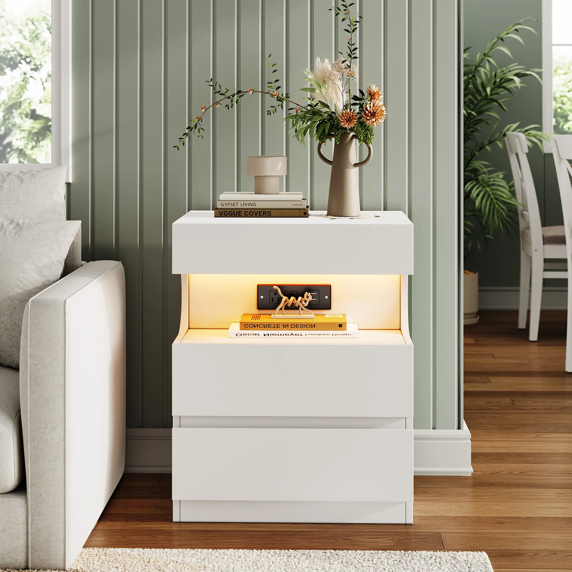 Modern Smart LED Nightstand with Charging Station, White Bedside Table with App Control Light & Power Strip 2 Outlets 2 USB Ports, 3 Drawers Small Space End Side Table Accent Furniture