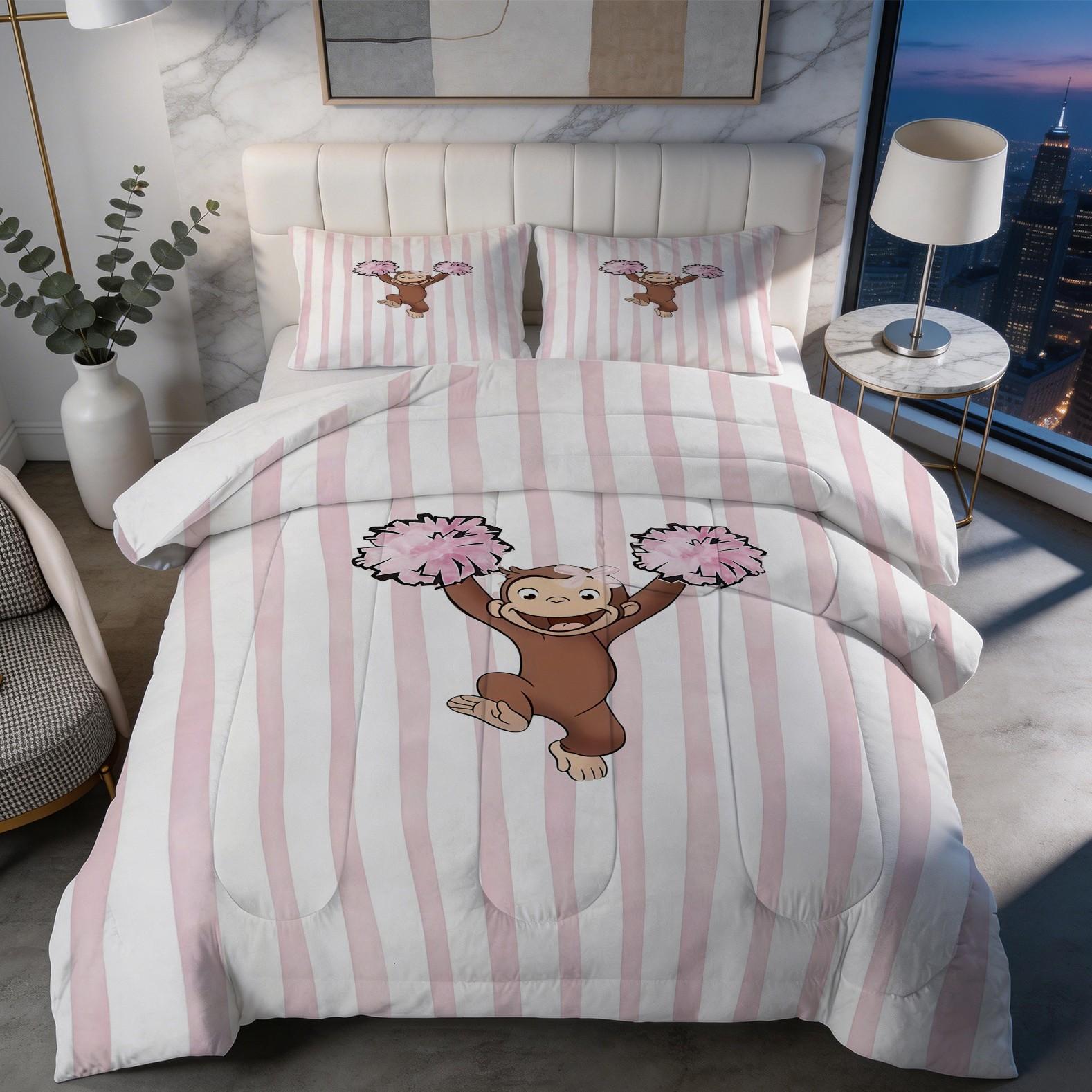 2/3 Piece Curious George Comforter Set, 1 Comforter + 1/2 Pillowcases, Cute Cartoon Monkey Cheerleader Diving Bedding, Kids Bedroom Decor for Girls Boys Teens, Ideal Gift for Curious George Fans