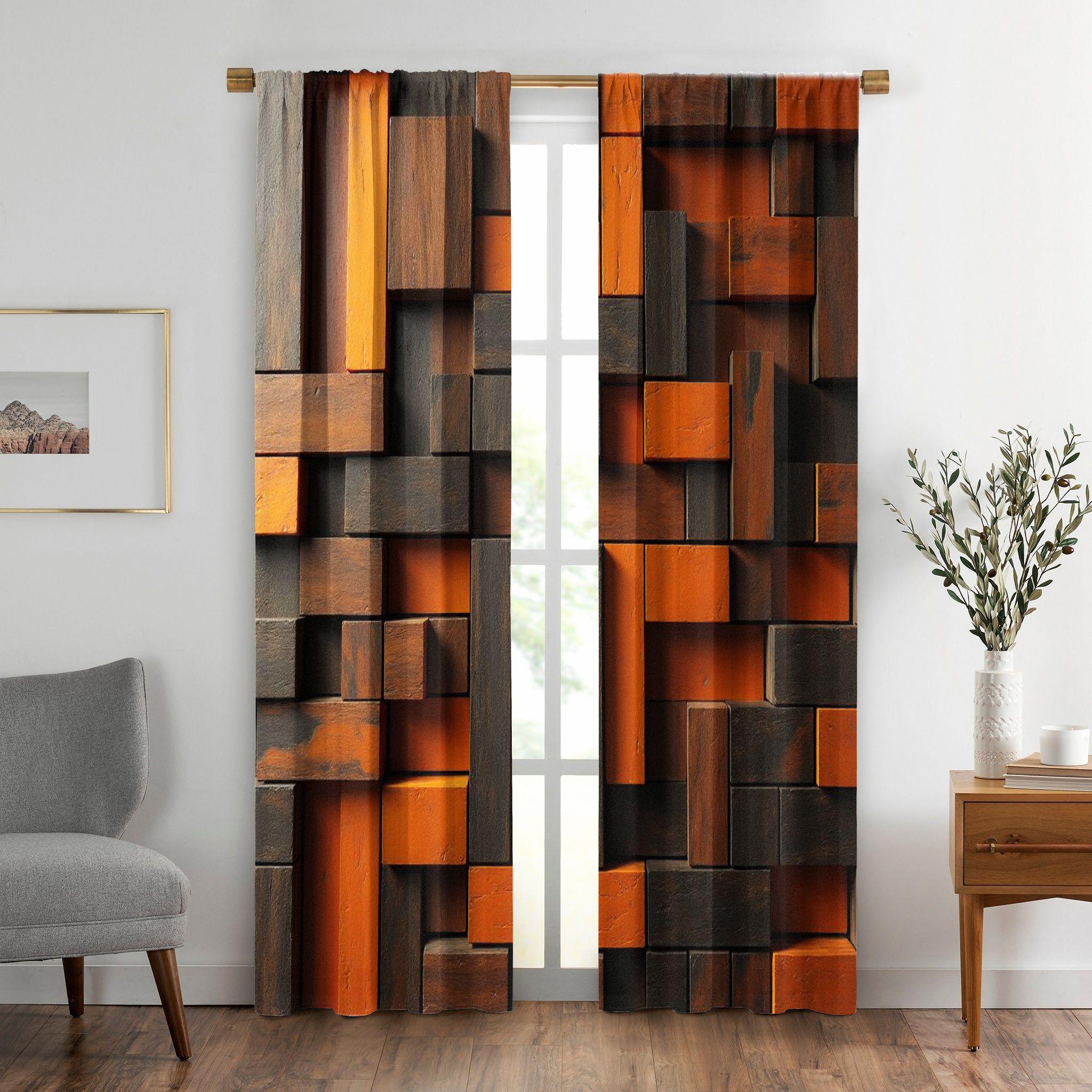 2pcs Window Curtains, Room Decor Curtain, A dynamic, 3D pattern crafted from rectangular blocks in varying shades of dark brown, grey. The textured surface evokes wood or stone, Window Drapes for Bedroom Living Room, Rod Pocket Window Treatment