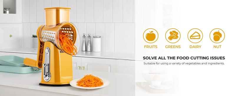 SUSTEAS Yellow Rotary Vegetable Slicer – 5 BPA-Free Stainless Steel Blades, Easy-Grip Handle & Dishwasher Safe for Effortless Prep Ergonomic Grater with Suction Base SUSTEAS Yellow Rotary Vegetable Slicer – 5 BPA-Free Stainless Steel Blades, Easy-Grip Handle & Dishwasher Safe for Effortless Prep Ergonomic Grater with Suction Base