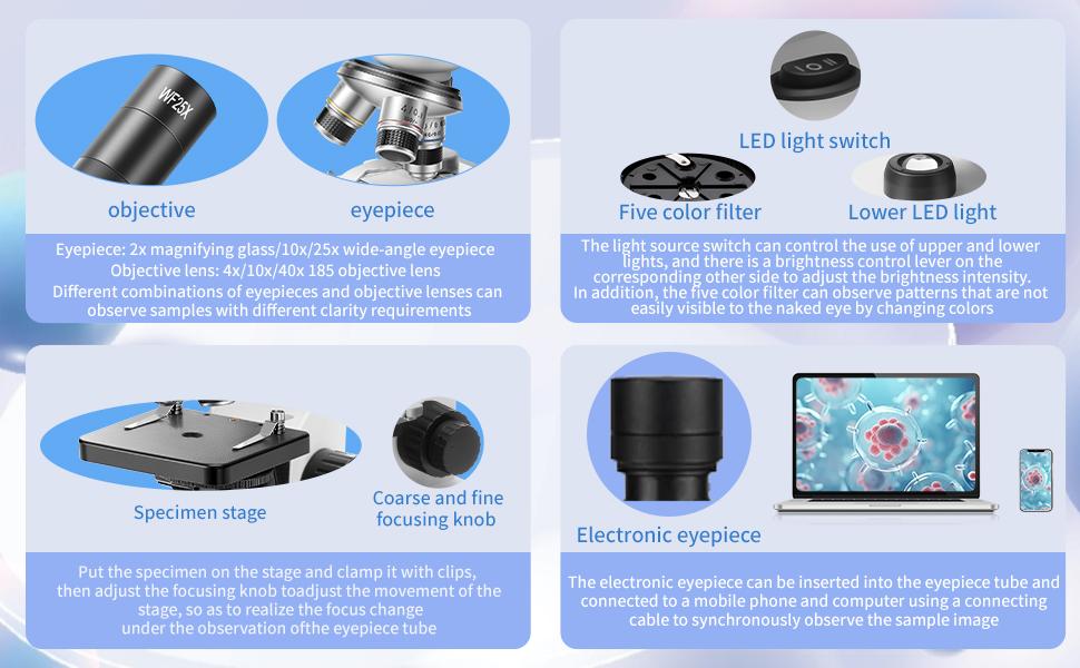 Professional composite microscope suitable for adults, children aged 8-12, and students | 2000x magnification laboratory and home microscope, with phone adapter, complete set of slides (black and white)