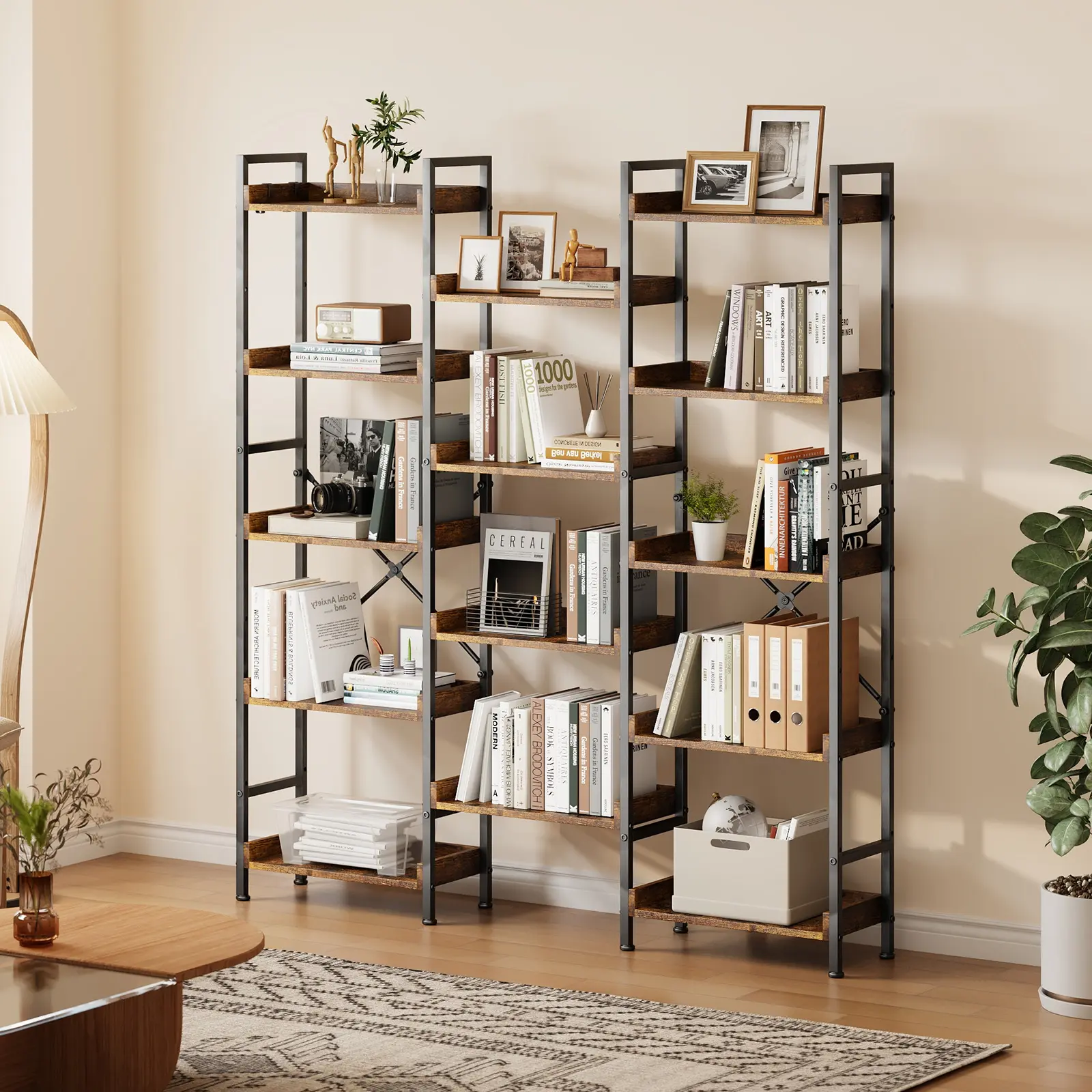 Versatile 5-Tier Freestanding Shelving Unit, Triple Industrial Wooden Bookshelf with 14 Open Shelves, Sturdy Metal Frame, Extra Wide Rustic Design for Living Room, Bedroom & Home Office