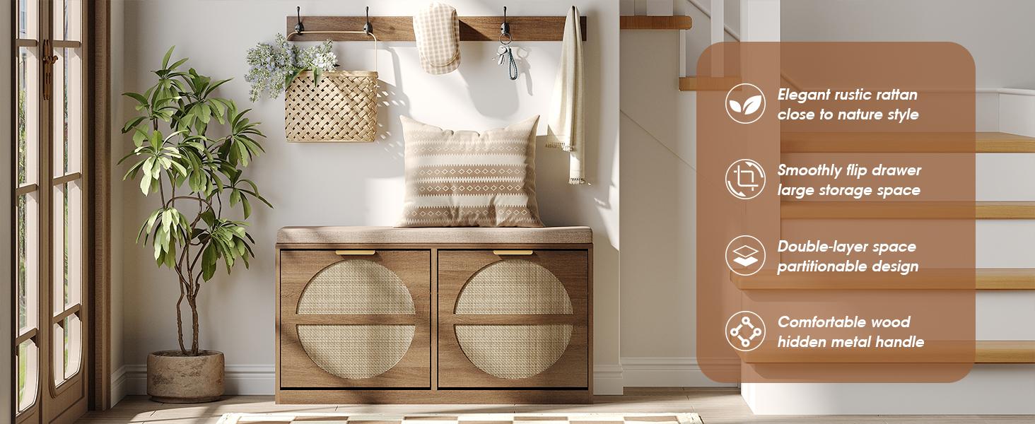 Vabches Rattan Entryway Bench with Seat Cushion & Coat Rack, Shoe Storage Cabinet with 2 Flip Drawers, Narrow Shoe Rack, 5 Sturdy Metal Hooks, Rustic Oak Rattan