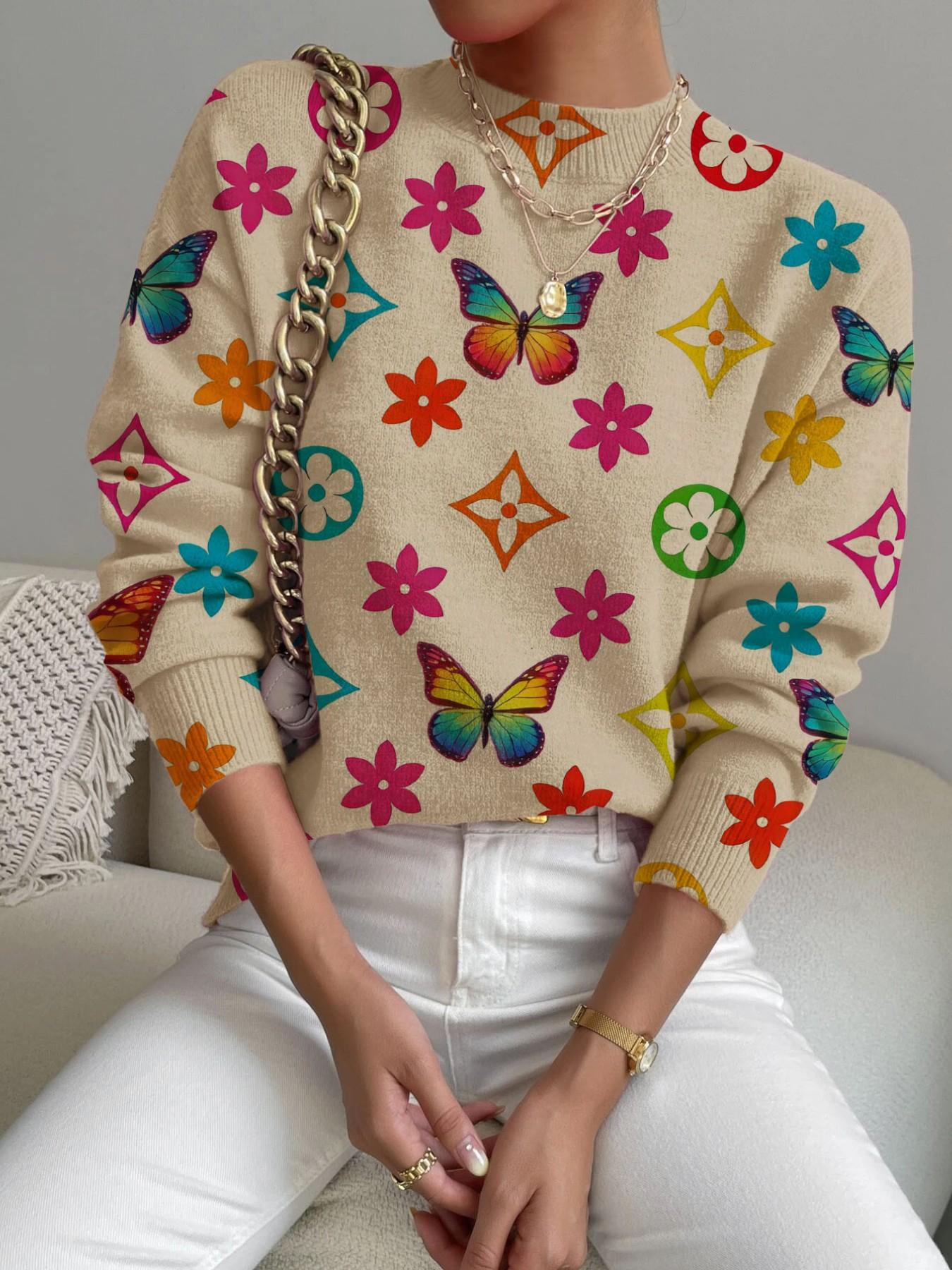 Women's Geometric Pattern Stand Collar Sweater, Fall Winter Casual Long Sleeve Knitwear, Comfortable Warm Daily Wear