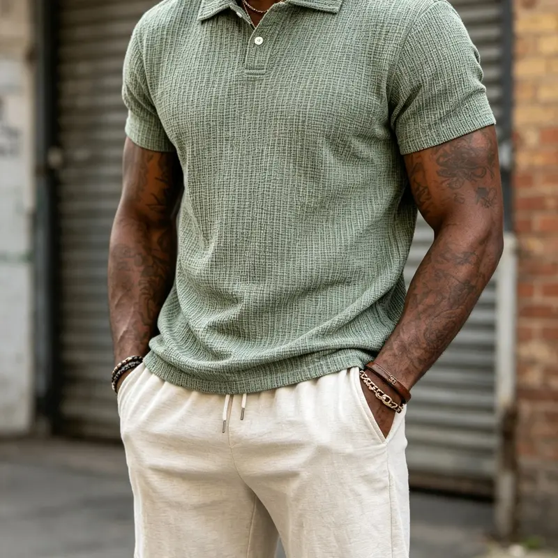 Men's Stretch Knit Jacquard Short Sleeve Polo Shirt and Linen Blend Shorts Set, 2-Piece Matching Outfit Casual Breathable for Summer, Ideal for Beach Golf Daily Wear