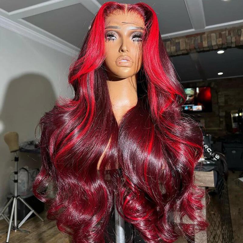 Red Highlight Balayage Color Straight 200% Density Lace Frontal Human Hair Wigs Burgundy and Red Highlight 13X6 HD Transparent Lace Pre Plucked Natural Hairline For Woman Ombre Human Hair Wigs