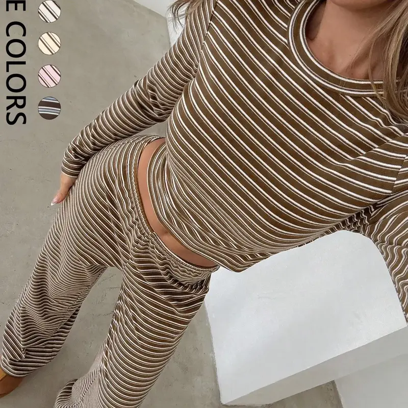 Women's Striped Long Sleeve Top and Pants Set, Casual Slim-Fit Two-Piece, Warm and Cozy for Fall and Winter, Outfit