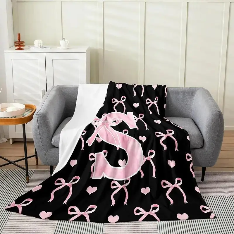 Monogrammed A-Z Initial  Blanket Throw, Black-Pink Single-Sided Printing Lightweight Bedding for Women, Valentine's Day Customized Gift for Bedroom Office,