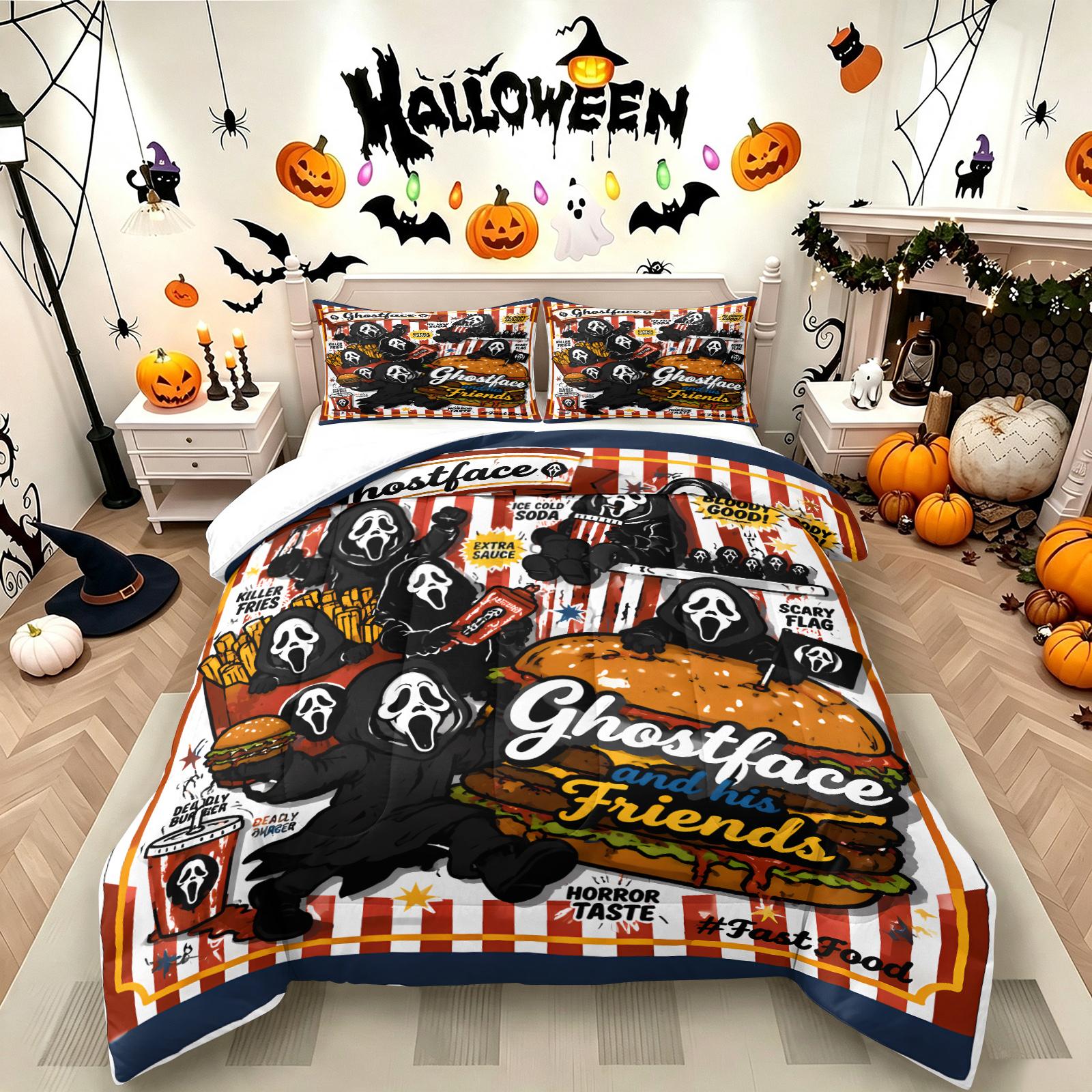 Color-Block Plaid Chibi Hugging a Teddy Bear, Pulling a Suitcase and Playing Phone Ghostface Print Comforter Set & 1-2 Pillowcases, Comfortable Easy Care Bedding, Halloween or Movie Fans Bedroom Dorm Decor