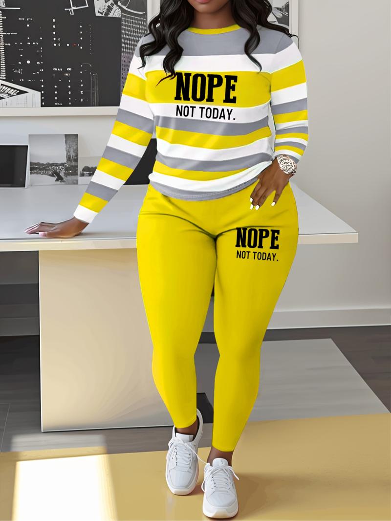 Two-piece Set Women's Striped and Letter Print Tee & Elastic Waist Pants, Casual Long Sleeve Top & Trousers for Spring & Fall, Women's Clothes for Daily Wear, Casual Outfits Women