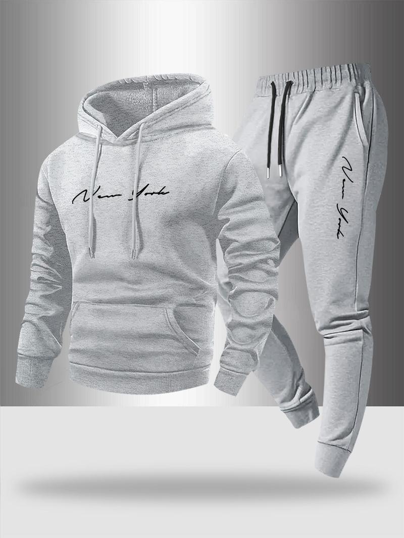 Men's Fall Winter Casual Sportswear Set, Sweatsuit with Pockets, Fashion Artistic Letter Print Hoodie & Drawstring Pants, Comfortable Warm Two-Piece