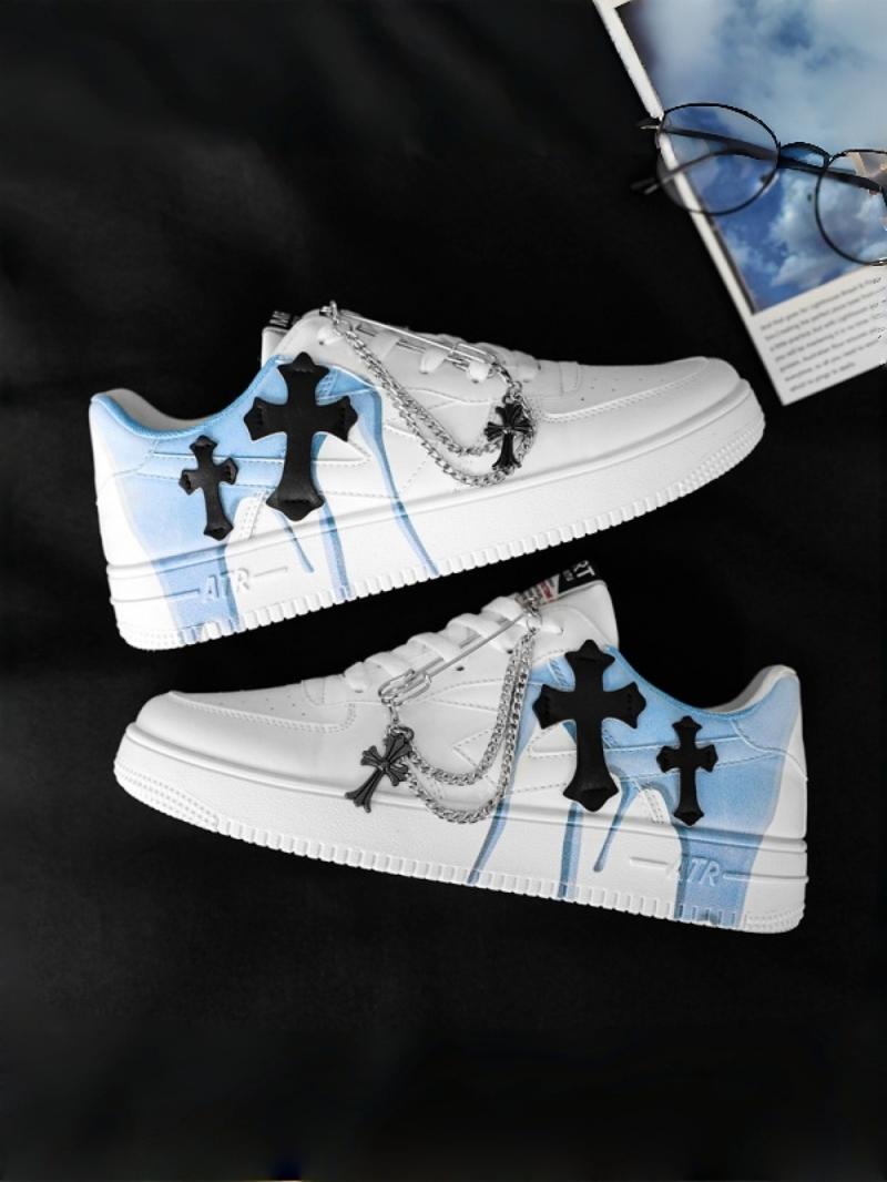 Klein Blue Trend Cross Sneakers - Metal Chain Decoration + Leather Cross Label + Breathable Perforated Upper, Suitable for Street Outfits & Daily Leisure, Eye-Catching Personality Comfortable & Breathable Trendy & Adaptable Strong Fashion Sense Klein Blue Trend Cross Sneakers - Metal Chain Decoration + Leather Cross Label + Breathable Perforated Upper, Suitable for Street Outfits & Daily Leisure, Eye-Catching Personality Comfortable & Breathable Trendy & Adaptable Strong Fashion Sense