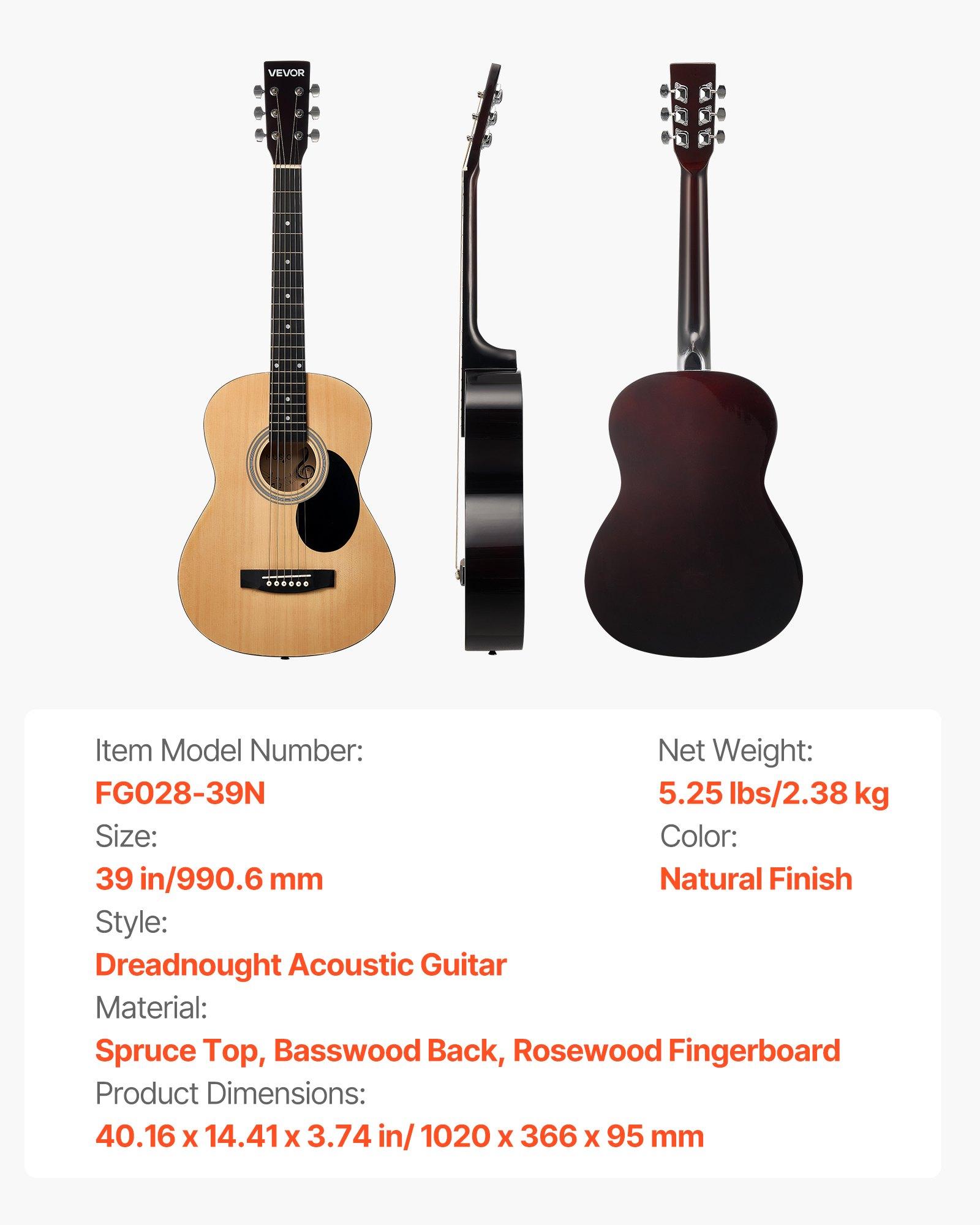 VEVOR Dreadnought Acoustic Guitar, 39 in, 6-String Natural Solid Spruce Top Guitar, Portable Bundle with Gig Bag, Tuner, Strap, Steel Strings, Picks, Capo, Rosewood Fingerboard, for Beginner Adults