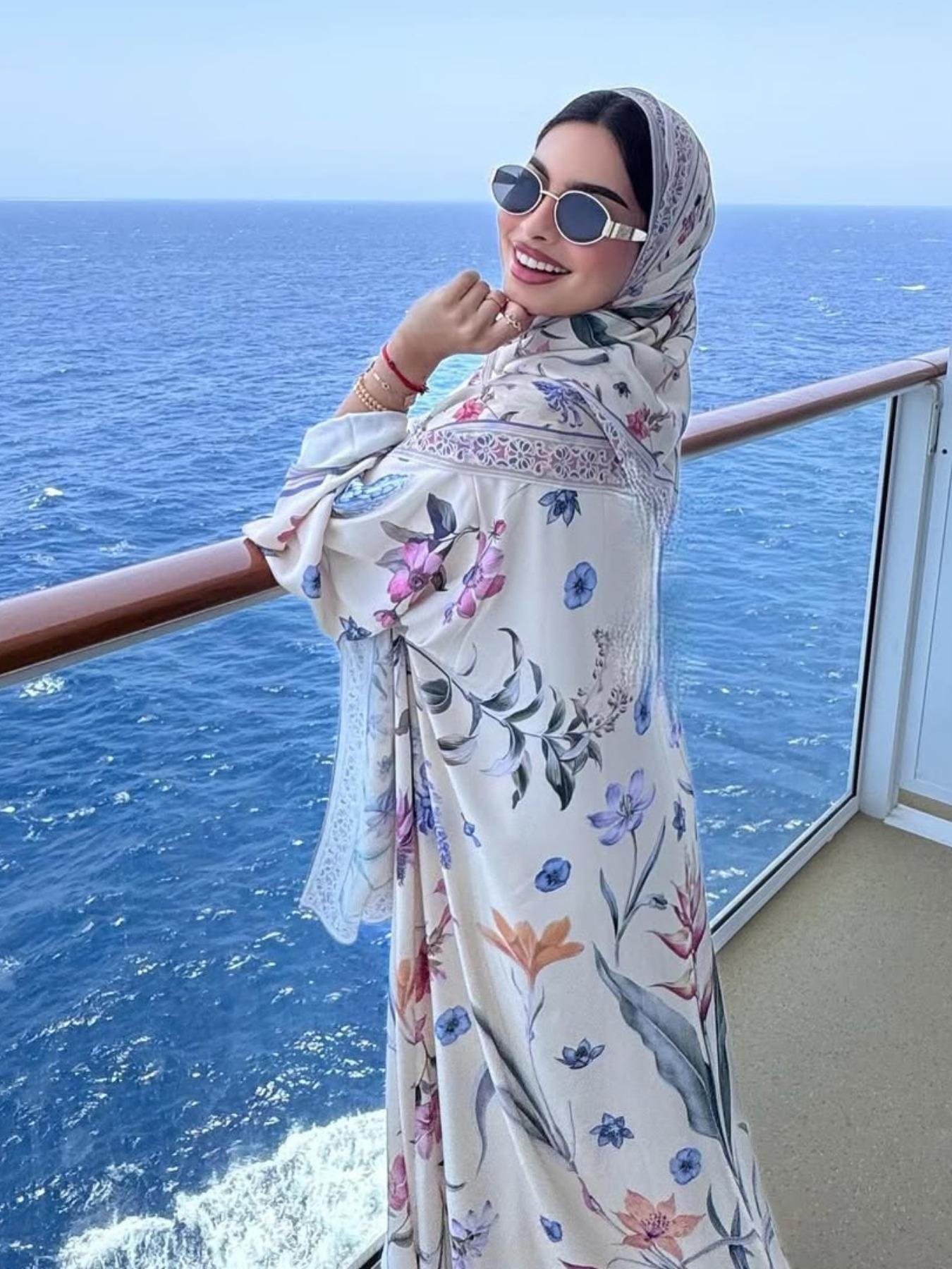 Muslim Women's Abaya Set with Hijab, Modest Muslim Outfits, Elegant Simple Floral Print Long Robe Jacket, Casual Party Beachwear, Elegant Islamic Clothing, All Seasons Wear