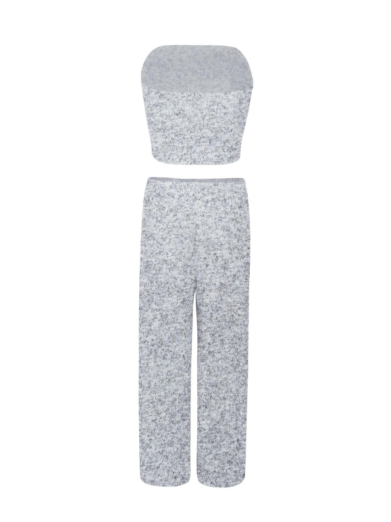 Women's 2 Piece Knit Lounge Set Strapless Tube Top and High Waisted Wide Leg Pants Casual Sweatsuit