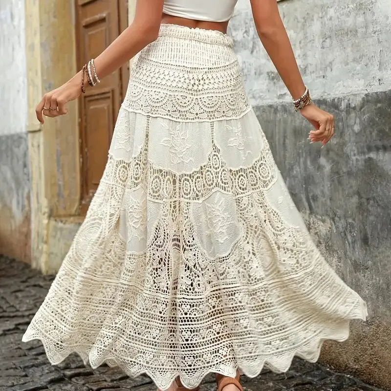 2026 Crochet Hollow Beach Skirt, A-line Skirt, High-quality Craftsmanship, French Style, Gentle Elastic Knit, Long Skirt.