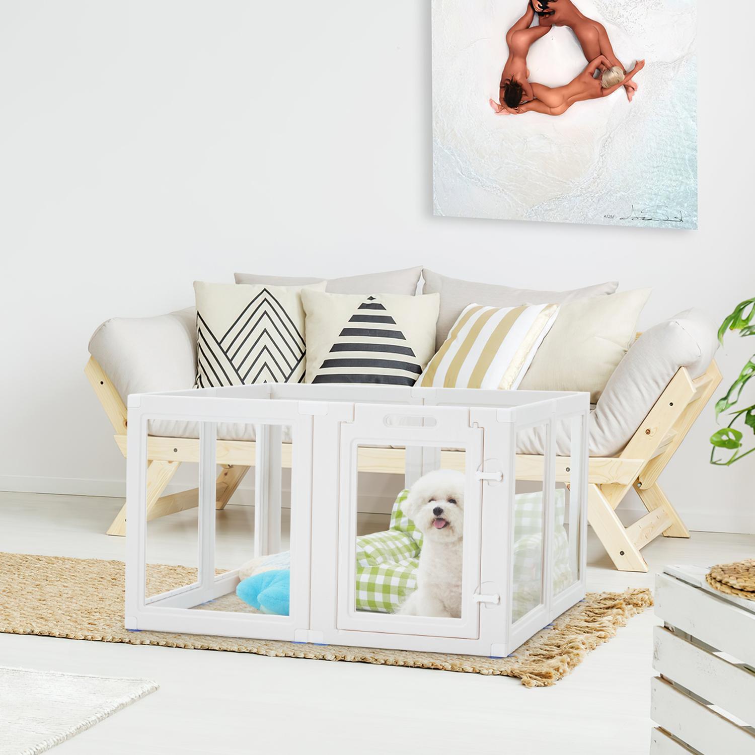 Transparent Pet Playpen, 8/12/16-Panel Pet fence with Door,  Indoor Dog Pen, 41*41*24/61*61*24, Foldable, White