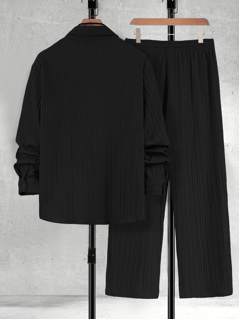 Men's All-Black Vertical Texture 2-Piece Casual Set - Long-Sleeve Button-Up Shirt + Elastic-Waist Pants, Lightweight Drapey Fabric, Relaxed Loose Fit, Minimalist Sophisticated Design, Perfect forOutdoor Brunch, Urban Office Commutes, Café Meetings & Casua