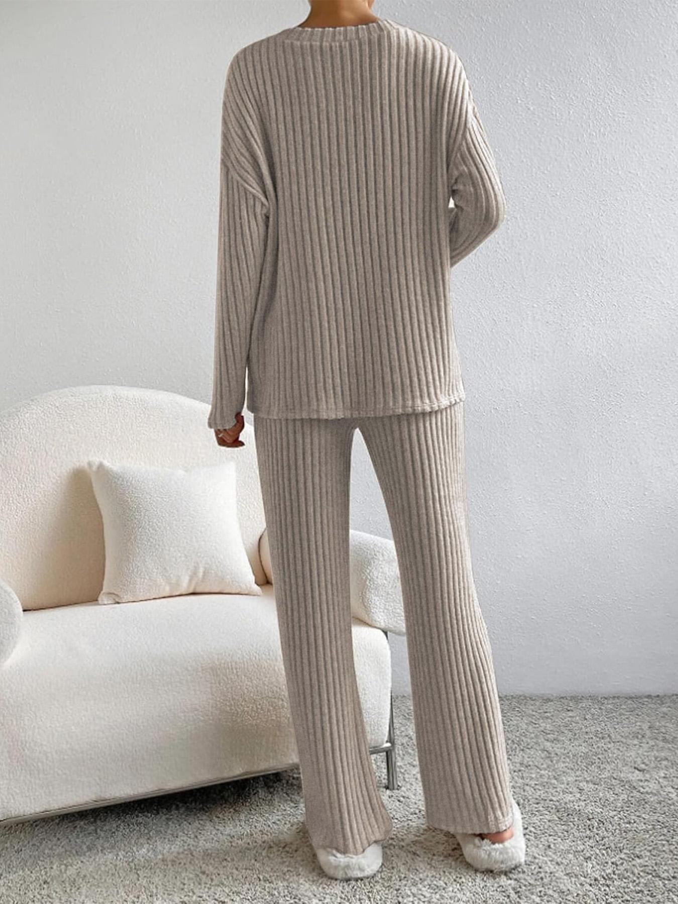 Women's Ribbed Knit 2-Piece Loungewear Set, V-Neck Oversized Long Sleeve Top, Wide-Leg Pants with Pockets, Soft Cozy Casual