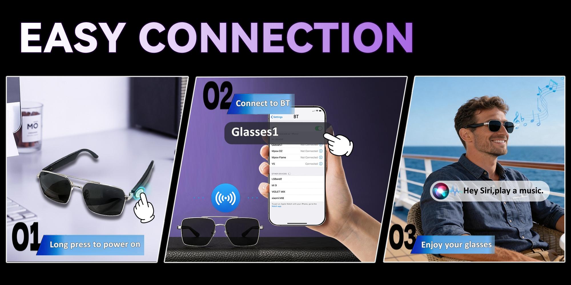 Bluetooth Audio Smart Sunglasses Glasses for Women Men,Light Blocking Bluetooth Glasses with Open Ear Speaker,Touch & Voice Control,Hands-Free Calls & Microphone for iPhone Android Music
