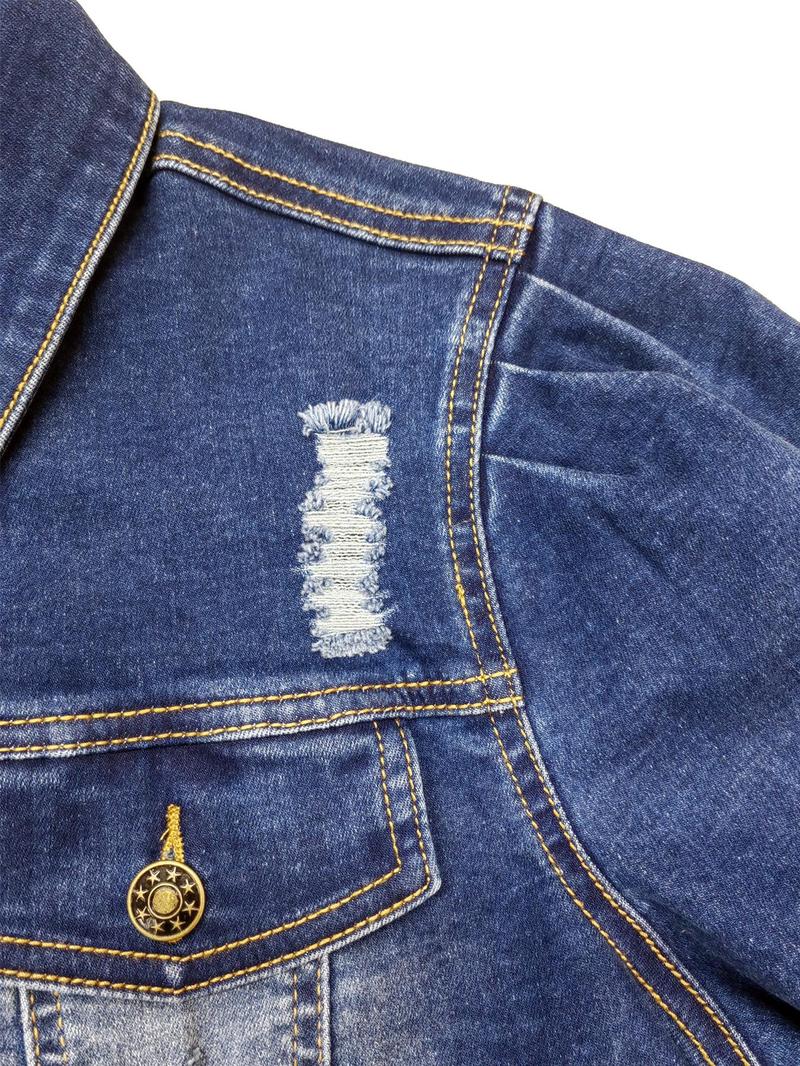 High Elasticity Denim Jacket with Fitted Design, Casual Plain Ripped Style for All Seasons, Long Sleeve Women's Outerwear