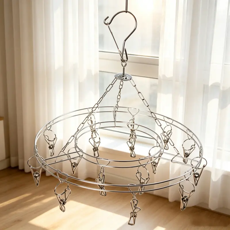 Round Stainless Steel Clothes Drying Hanger with 16 Clips, Multi‑Clip Laundry Drying Rack for Socks, Underwear, Baby Clothes, Indoor & Outdoor Balcony Camping Use