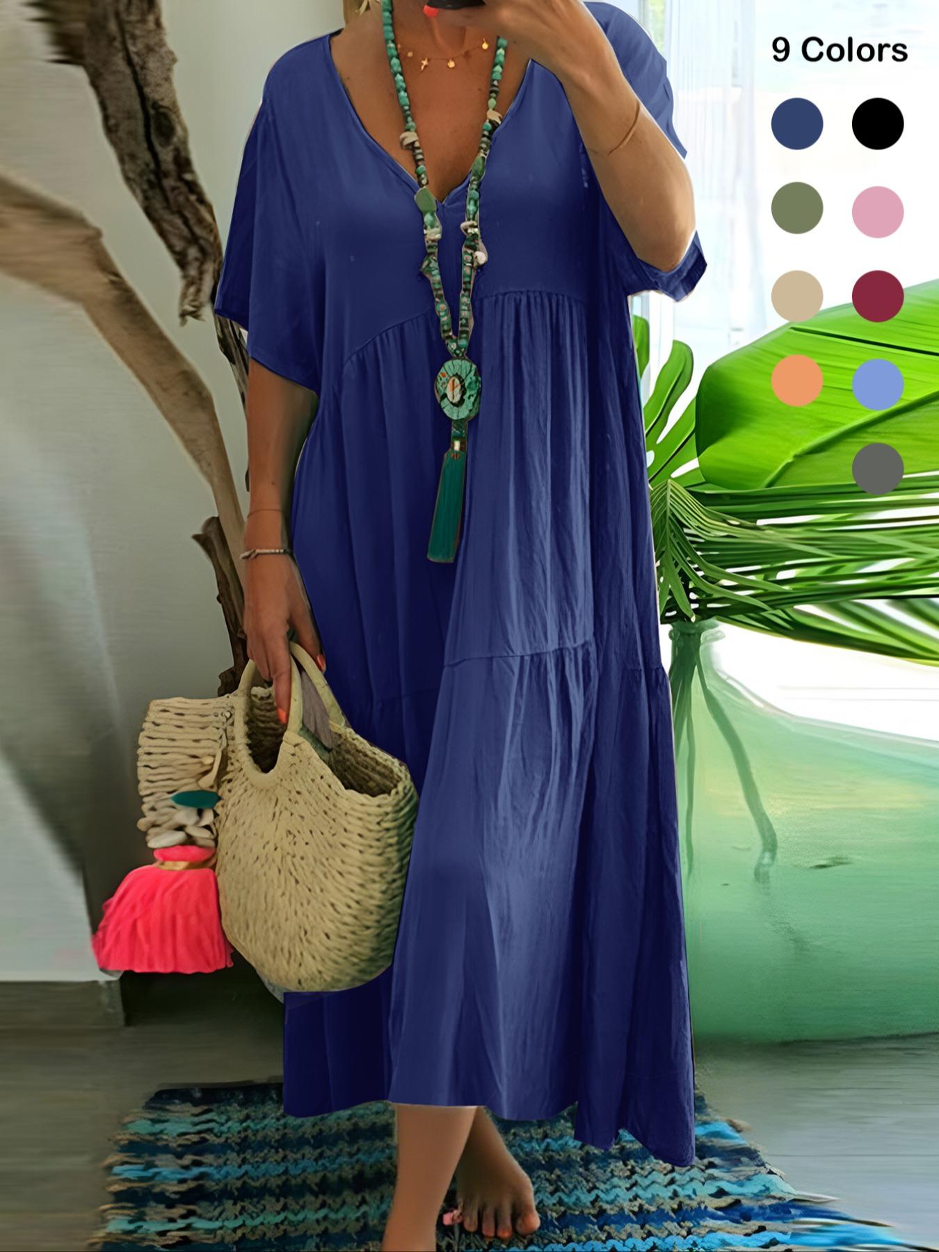 Plus Size Women's Summer Casual Loose V-Neck Plain Long Dress, Bohemian Boho Style, Short Sleeve, Tiered Layer, Spring & Fall Fashion