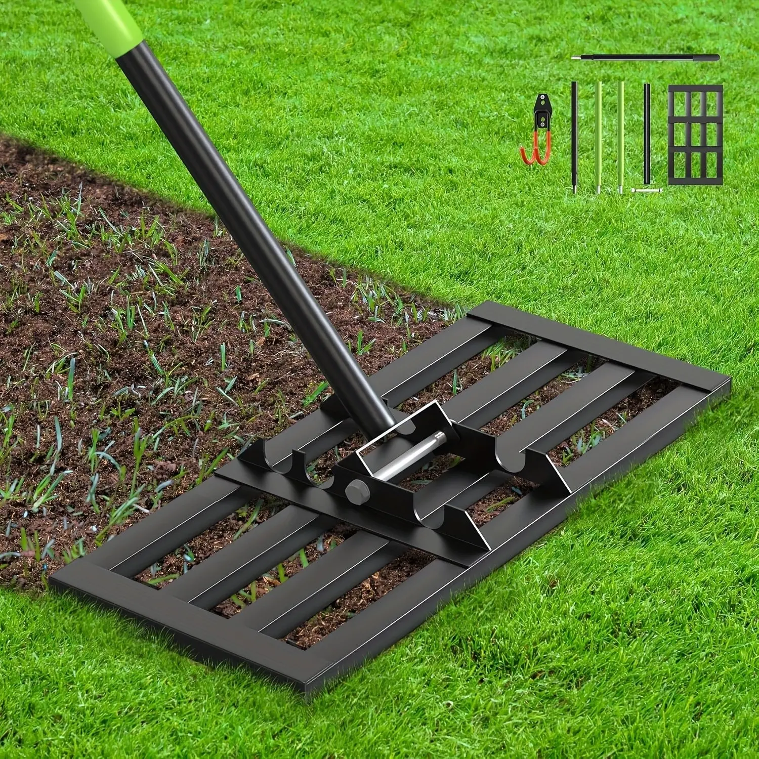 17" x 10" Lawn Leveling Rake, 6.5FT Stainless Steel Handle, 0-180° Adjustable Ground Leveler Tool for Yard Soil, Sand & Dirt Surfaces