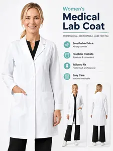 Women's White Lab Coat Medical Doctor Coat Long Sleeve Healthcare Workwear with Large Pockets Comfortable Professional Uniform