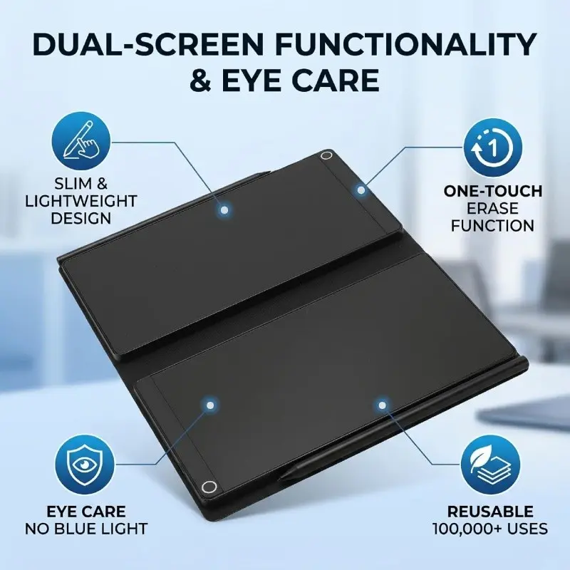 Upgraded6.5inchLCDwritingboardwithpenhangingdesign,makingitlesslikelytolosethepen.Fullscreendigitalnotebook,reusabledrawingboard,equippedwithaleatherprotectivecover.Portableelectronicnotebook,suitableforadults,office use,children and students.