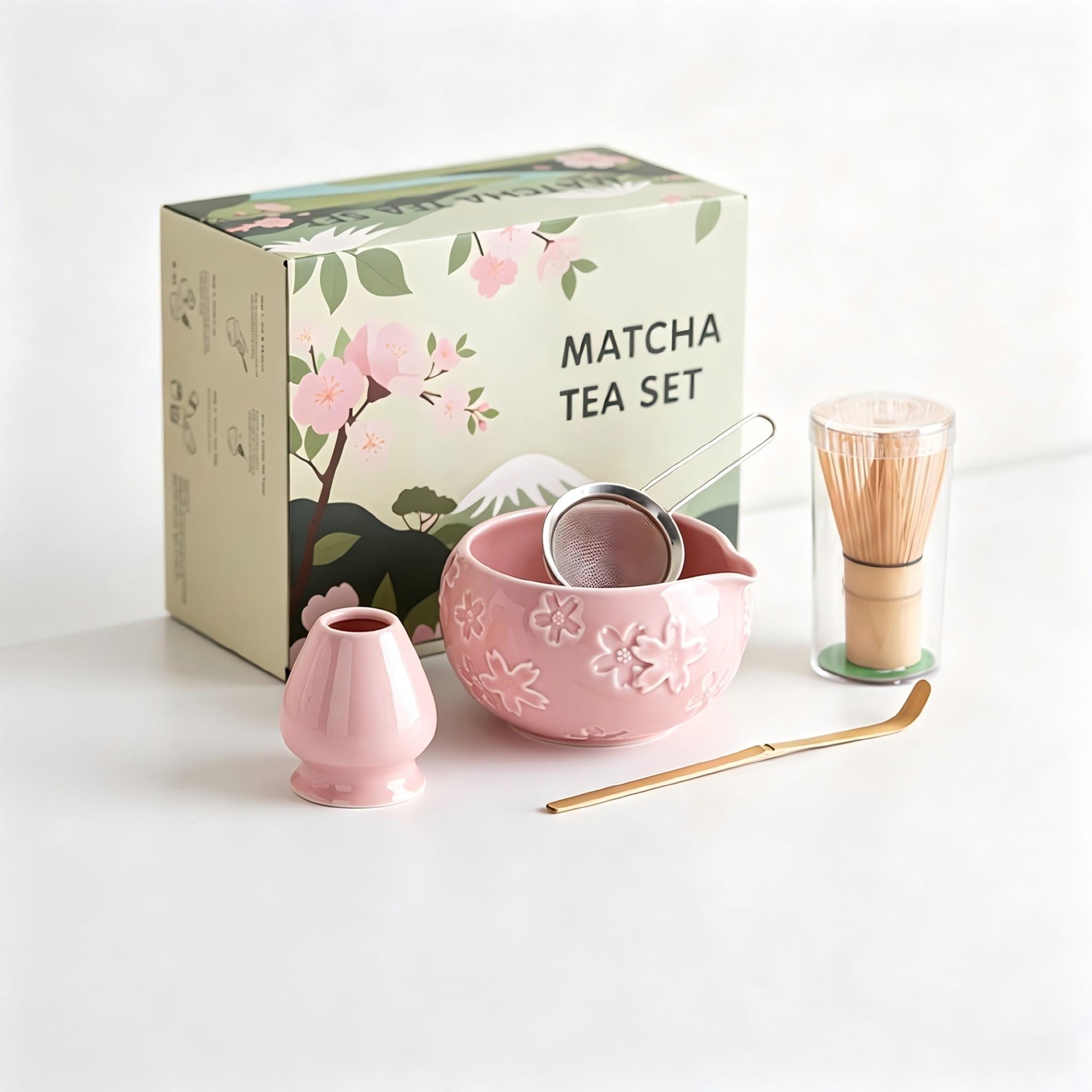 Traditional Japanese Matcha Tea Set, Includes Ceramic Bowl, Bamboo Chasen, Stainless Steel Sieve, Cotton Teapot Spoon, Ideal for Home or Café