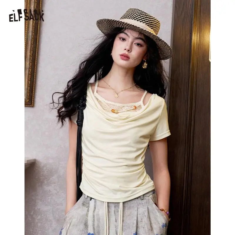 ELFSACK Women's Elegant Fake Two Piece Ruched Cowl Neck T-Shirt, Lace Trim Ribbed Knit Crop Top with Bead Detail