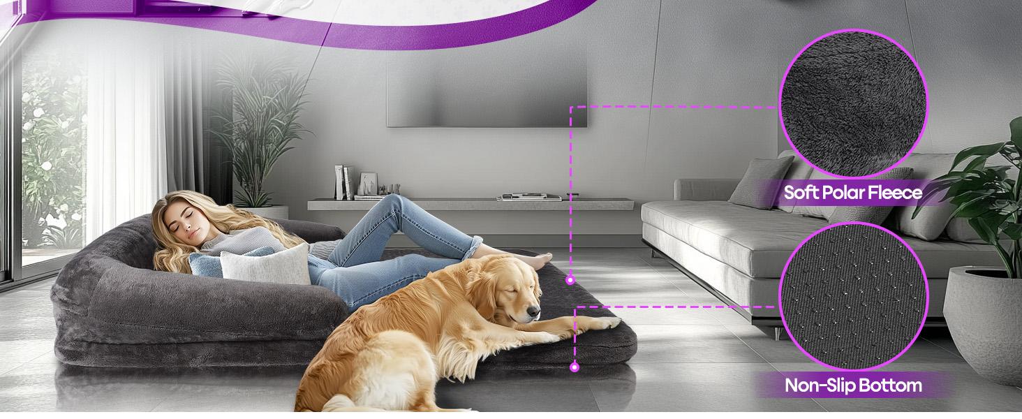 Foldable Human Dog Bed,Orthopedic Memory Foam Human Sized Dog Bed,Human and Dog Massage Chair Massage Bed,2 in 1 Calming Human Size with Egg Foam Supportive Mat and Waterproof Liner,Storage Pocket (75”x45”x10”) Portable Pad