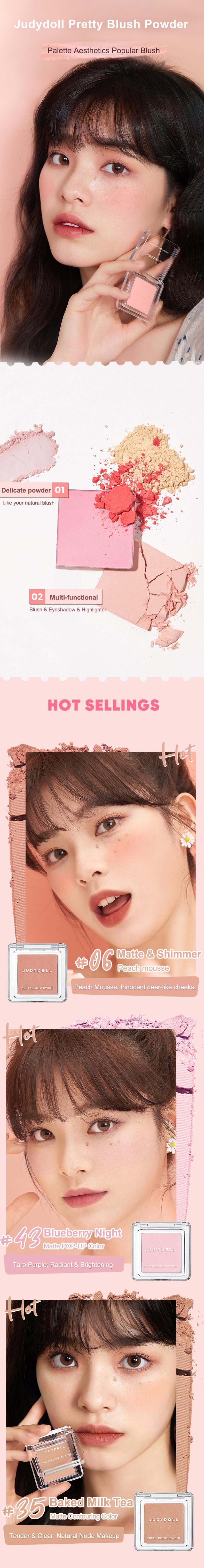 JUDYDOLL Monochrome Blush Powder Palette, Sweet, Natural, Brightening Skin Tone, Highlight, Smooth, Soft Color, Light Pink Blush For Girls, Cute And Lightweight, Convenient To Carry, Long-Lasting All-Day, Face Enhancing, Cosmetics, Spring, Refresh Look