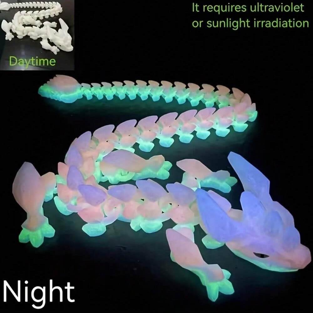 3D Printed Crystal Dragon Statue with Night Glow Rainbow Light and Fluorescent Scales, Multi-Jointed Moving Body, Durable Plastic Figurine