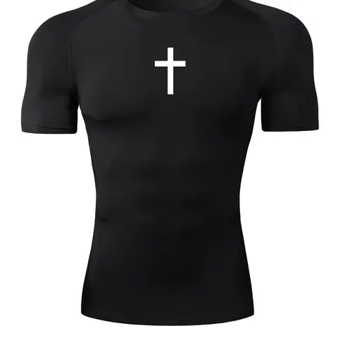 Men's Cross Print Raglan Sleeve Sports Tee, Athletic Quick Drying Short Sleeve Crew Neck T-Shirt, Casual Sporty Summer Sporty Top for Men, Gym Workout Running Baselayers Undershirts Rash Guard Activewear, Elastic Breathable Activewear