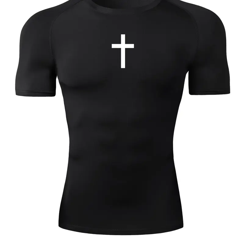 Men's Cross Print Raglan Sleeve Sports Tee, Athletic Quick Drying Short Sleeve Crew Neck T-Shirt, Casual Sporty Summer Sporty Top for Men, Gym Workout Running Baselayers Undershirts Rash Guard Activewear, Elastic Breathable Activewear