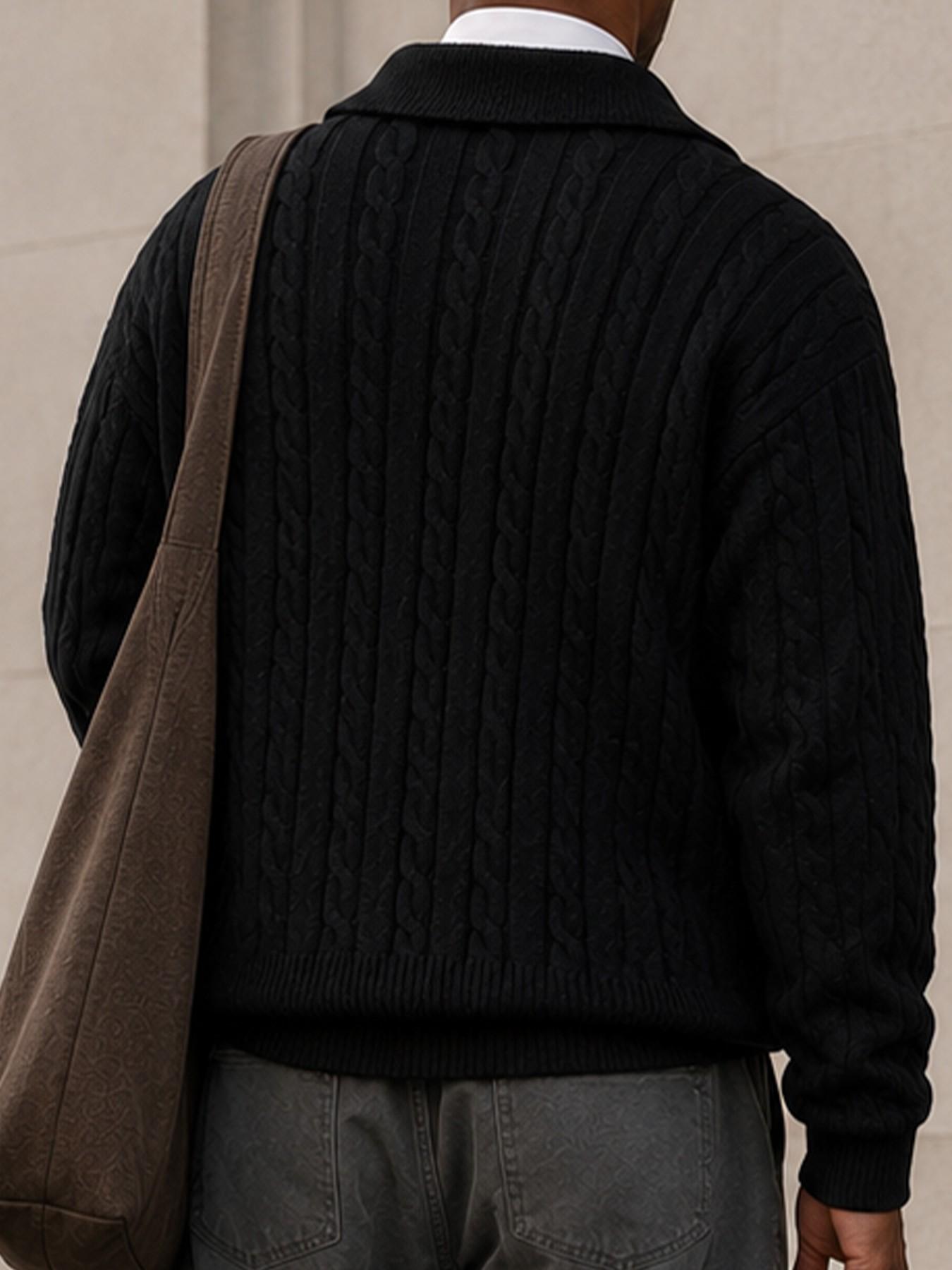 Men Classic Collared Cable Knit Half Zip Sweater, Soft Thick Knitted Polo Jumper, Smart Casual Daily for Office Commute
