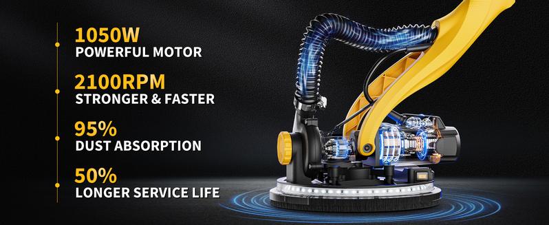 Alloyman Drywall Sander, 1050W Electric Drywall Sander with Vacuum Dust Collection, 2100RPM Wall Sander with 7 Variable Speed, Foldable & Extendable Handle, Double-Deck LED Light, Dust Bag and Hose, Holiday Deals: Christmas Gifts and New Year Gift Ideas