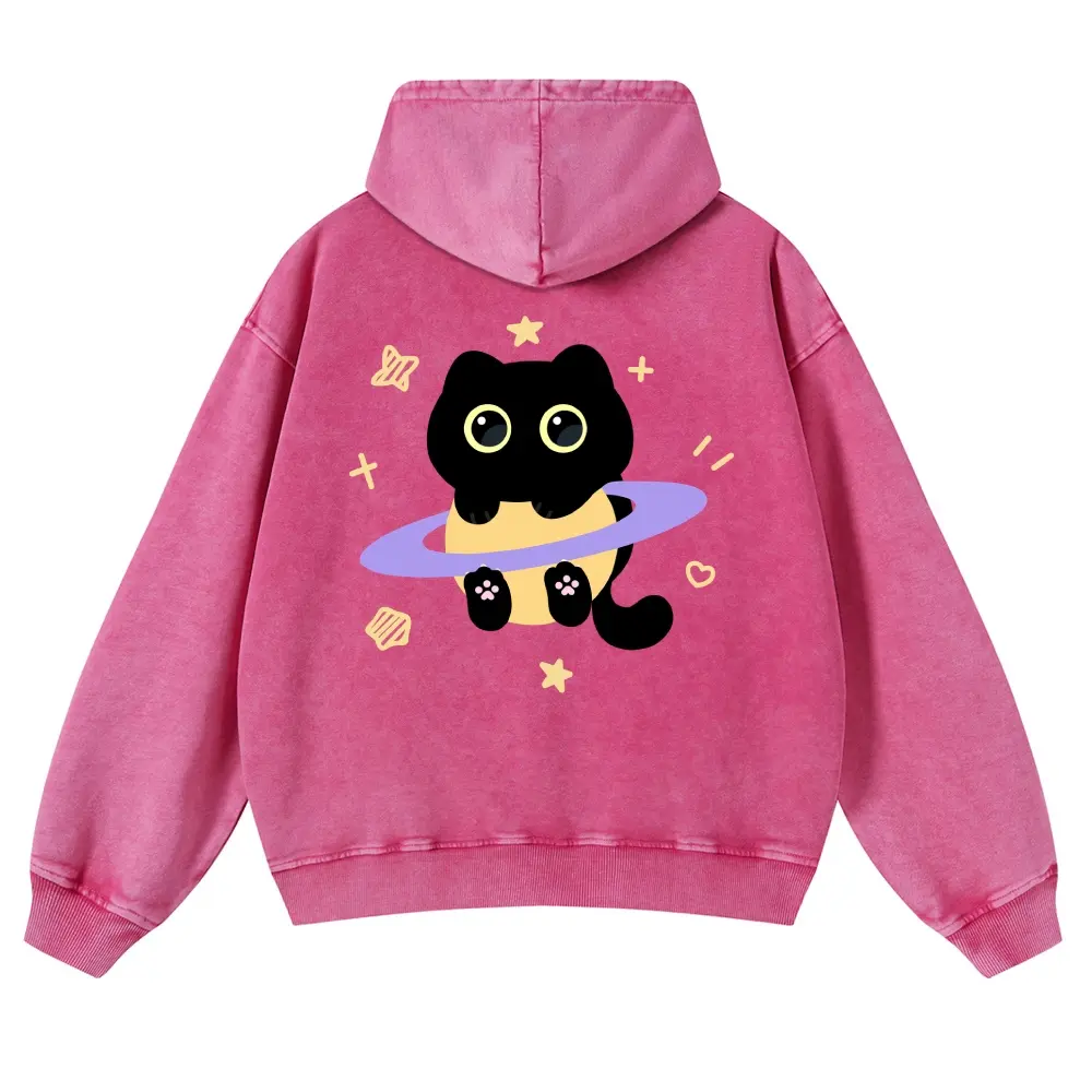 Unisex Cute Black Cat Sitting on Saturn Planet Space Cartoon Graphic Washed hoodie Personalized Pattern Y2k Clothing Round Neck Washed hoodie,Women's Clothing 100% Cotton, Menswear, Top, Vintage Style,Summer Casual Oversized